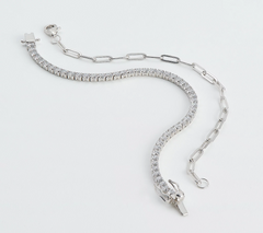 Diamonique Tennis & Paper Clip Layered Bracelet Set Sterling Silver, 7-1/4"