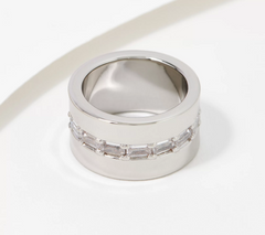 Diamonique x Lisa Freede Silver Polished Brass Baguette Cigar Band Ring Size 9