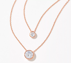 Diamonique x Amy Stran Layered Bezel Set Solitaire Necklace, 14K Rose Clad Sterling Silver