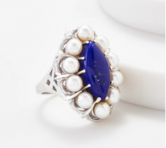 QVC Sterling Silver Marquise Lapis & Cultured Pearl Ring, Size 9