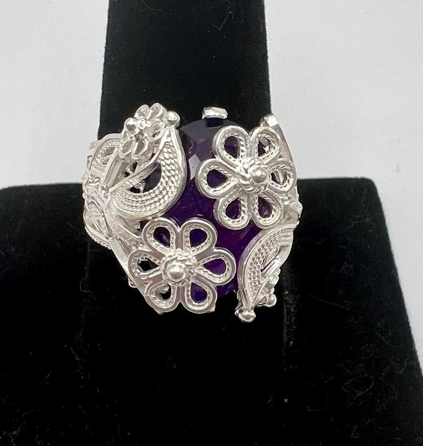 Ottoman Silver Bold Amethyst Wrapped Filigree Ring, Size 9