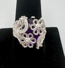 Ottoman Silver Bold Amethyst Wrapped Filigree Ring, Size 9