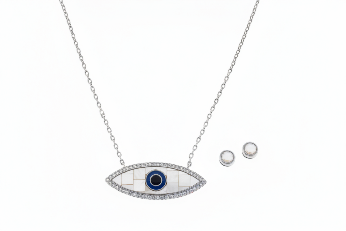 JK NY Evil Eye Shell Doublet Silvertone Necklace & Stud Earrings. 18"