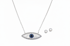 JK NY Evil Eye Shell Doublet Silvertone Necklace & Stud Earrings. 18"