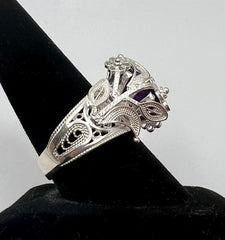 Ottoman Silver Bold Amethyst Wrapped Filigree Ring, Size 9