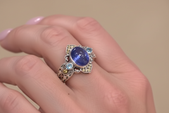 Bali RoManse Sterling Silver Tanzanite & Swiss Blue Topaz Scrollwork Ring, Size 11