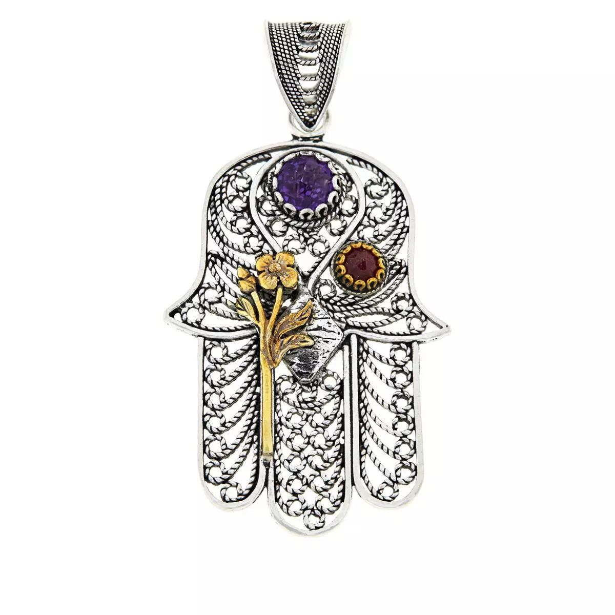Ottoman Sterling Silver Two-Tone Multi Gemstone Hamsa Pendant - HSN $42.5