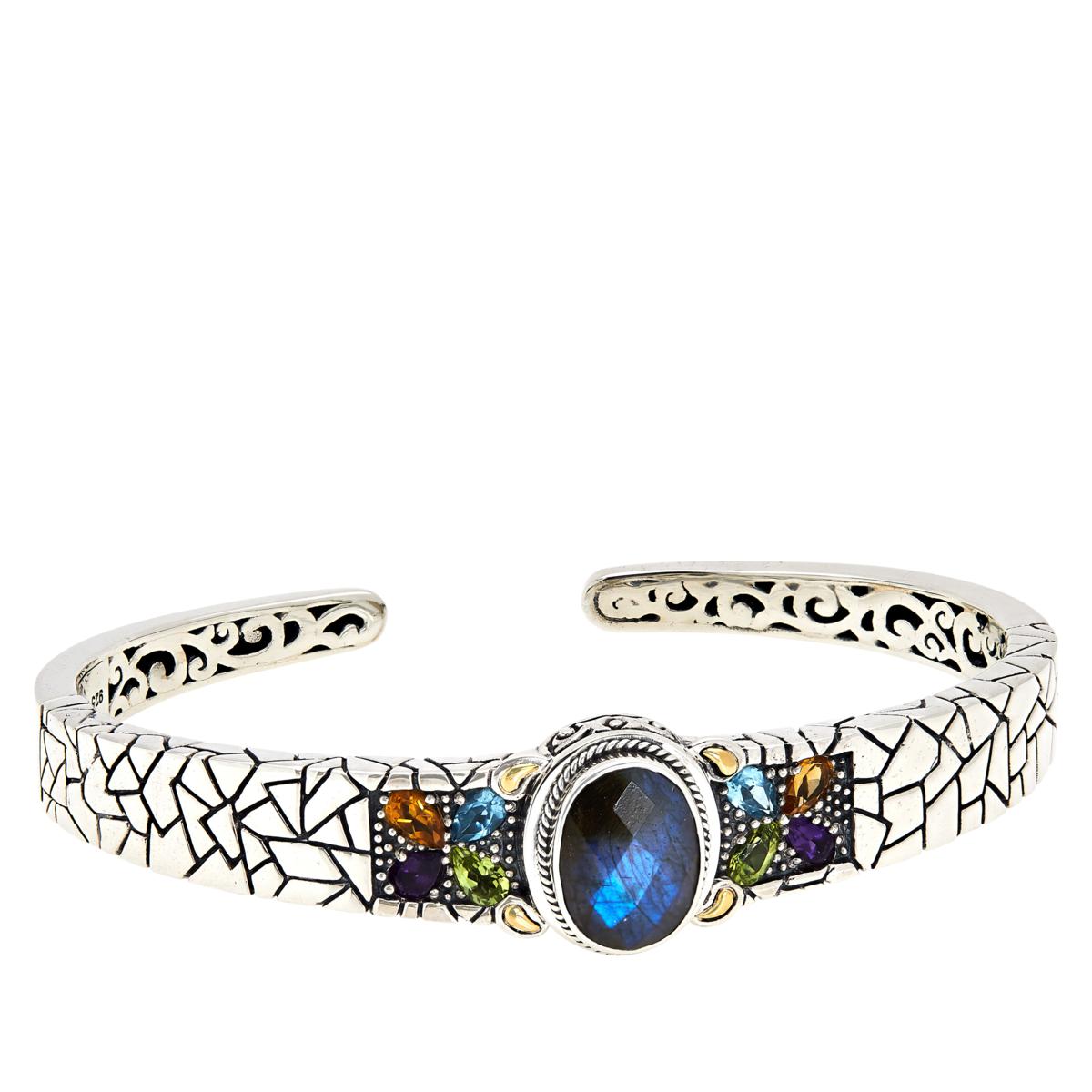 Bali RoManse Sterling Silver Labradorite and Multigem Cuff Bracelet 6-3/4"