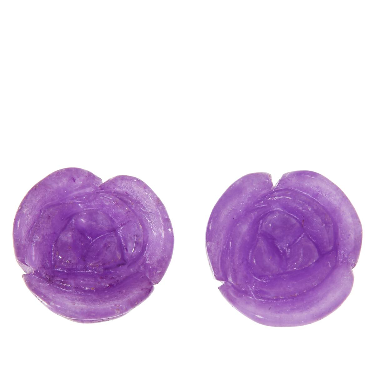 Jade of Yesteryear Sterling Silver Purple Jade Carve Rose Stud Earrings.
