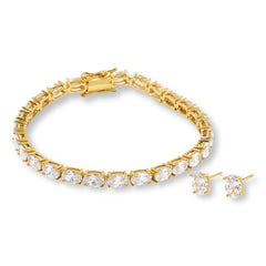 Absolute Sterling Silver Oval Stud Earrings & Tennis Bracelet Set, 6-3/4"