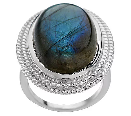 Bold Oval Labradorite Sterling Silver Rope-Detail Border Ring Size 6 Qvc $45.5
