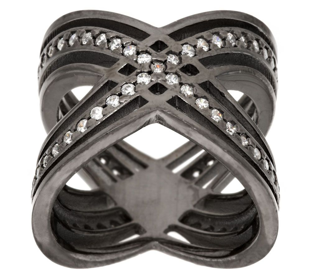 Italian Silver Polished Crystal "X" Design Ring Sterling, Size 5