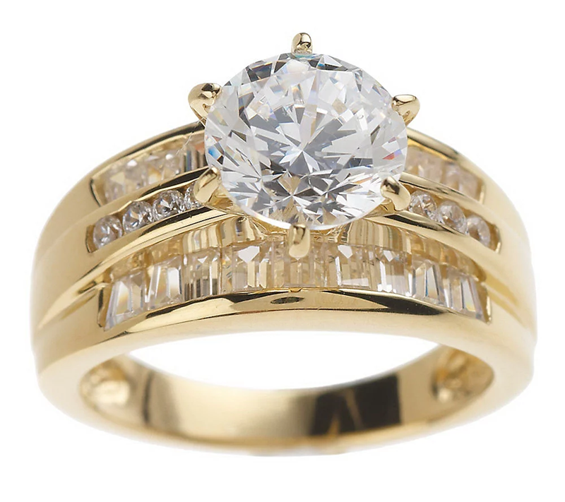 DMQ SS 14K Gold Clad Round & Baguette Ring, Size 7