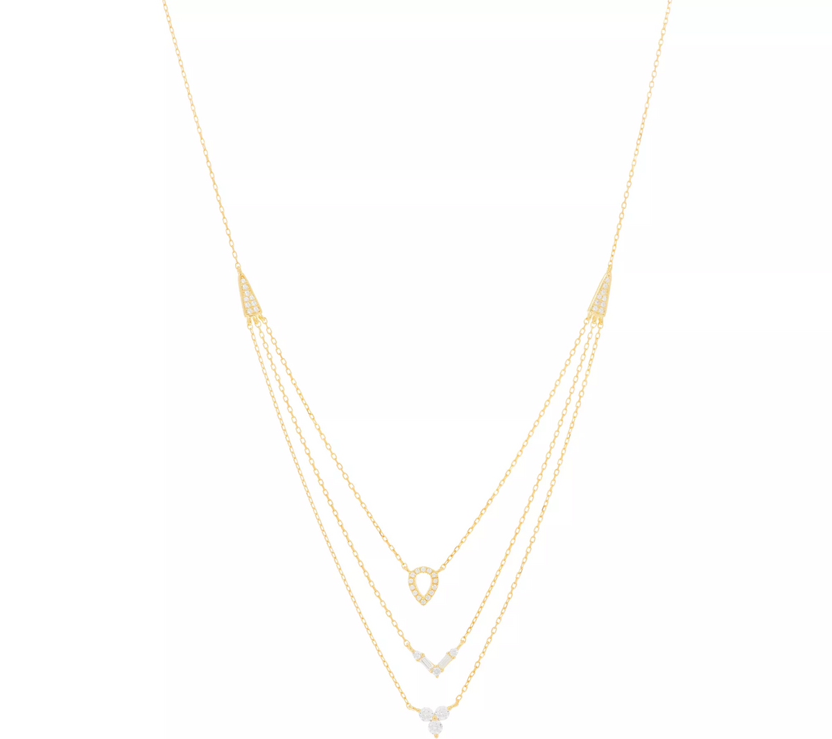 Diamonique Sterling Silver 14K GoldClad Clear CZ Three Row Layered Necklace. 18"