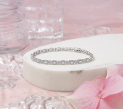 Diamonique Baguette and Round Sterling Silver Halo Tennis Bracelet, 8"