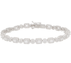 Diamonique Baguette and Round Sterling Silver Halo Tennis Bracelet, 8"