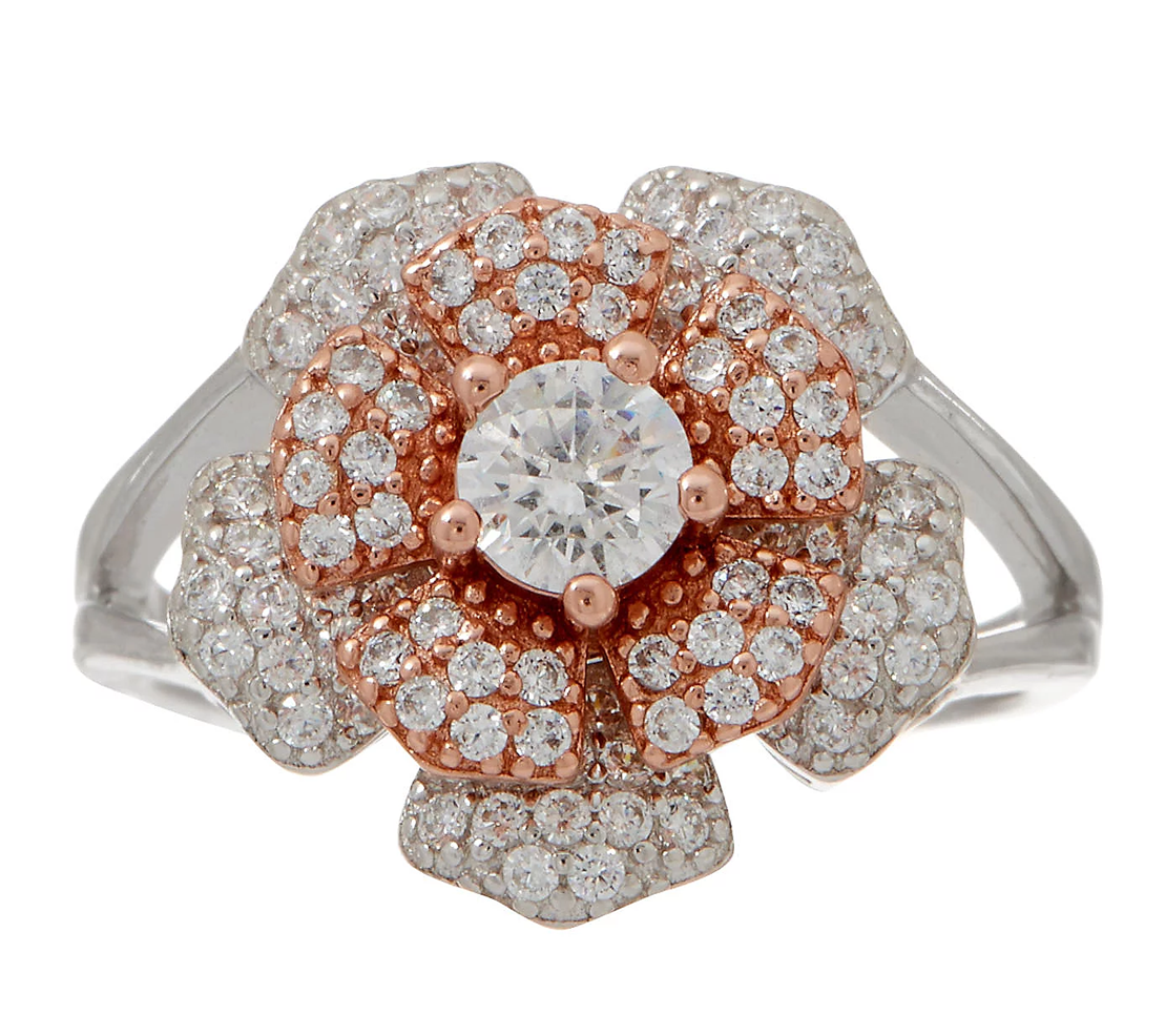 Diamonique Two- Tone Spinning Flower  Sterling Silver Ring, Size 7