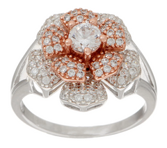 Diamonique Two- Tone Spinning Flower  Sterling Silver Ring, Size 7