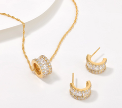 Diamonique Huggie Hoops & Barrel 14K gold-plated Sterling Silver Necklace Set