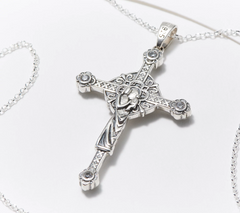Connemara Marble Diamonique Cross Pendant with Chain, Sterling silver, 18"L