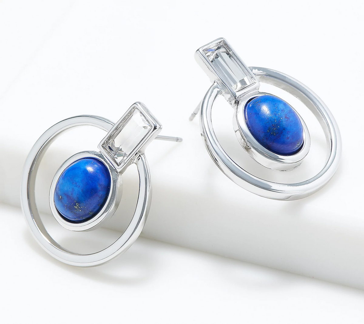 Susan Graver Silvertone Lapis Stone Drop Earrings