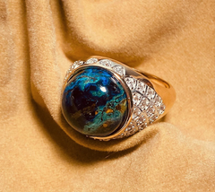 Generation Gems Goldclad Sterling Silver Domed Azurite Cabochon & White Zircon Ring, Size 7