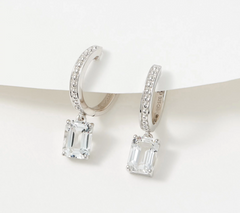 Huggie Hoop Silver Sterling Earrings with  Emerald Cut White Topaz Drops