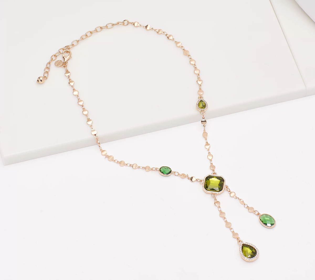 Susan Graver Stone & Crystal Drop Necklace, Champagne & Olive, Goldtone