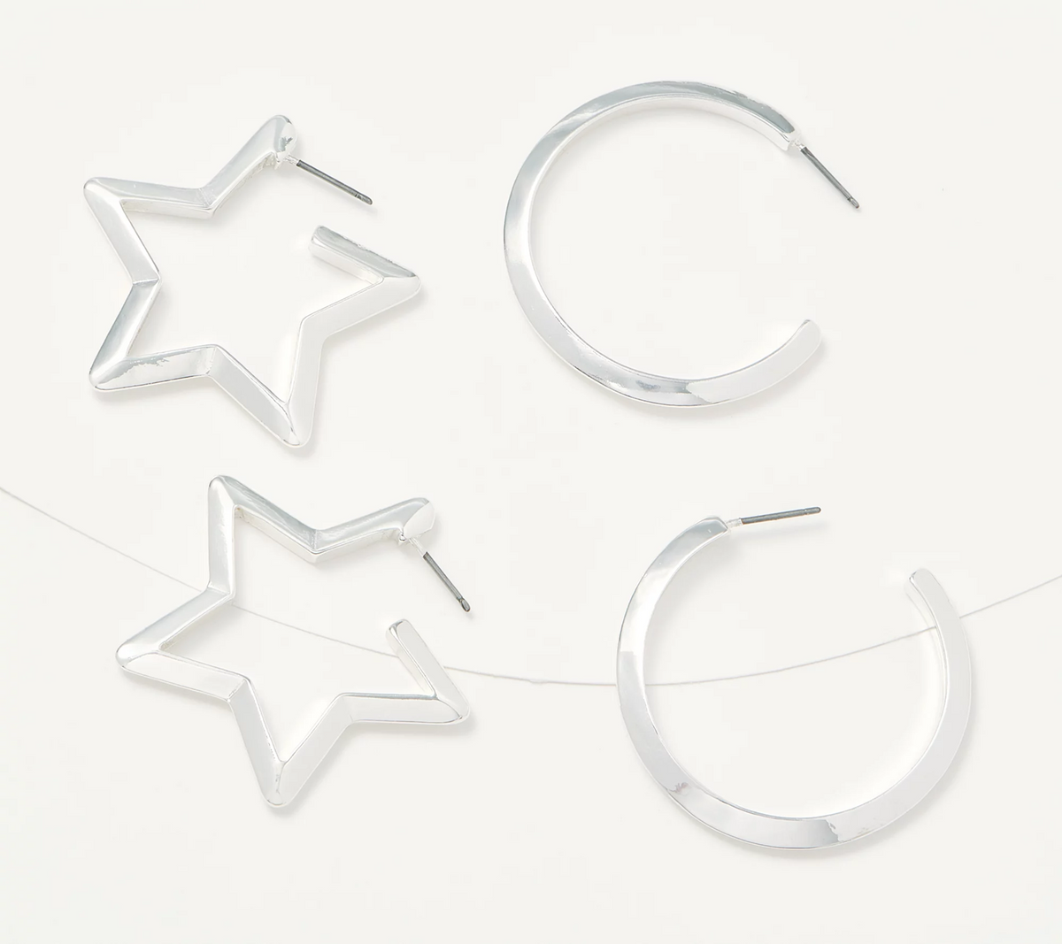 Joan Rivers Set of 2 Star and Round Silver Tone Hoop Earrings