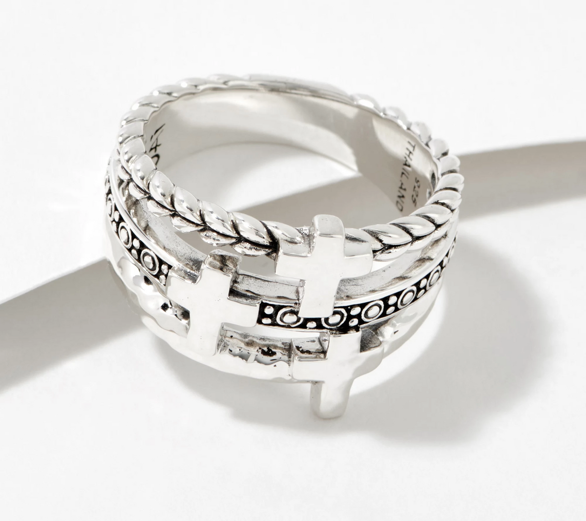 Sterling Silver Symbols of Cross Textured Stack Ring Size 9