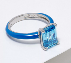 Diamonique Emerald Cut Enamel SS Ring, Size 6