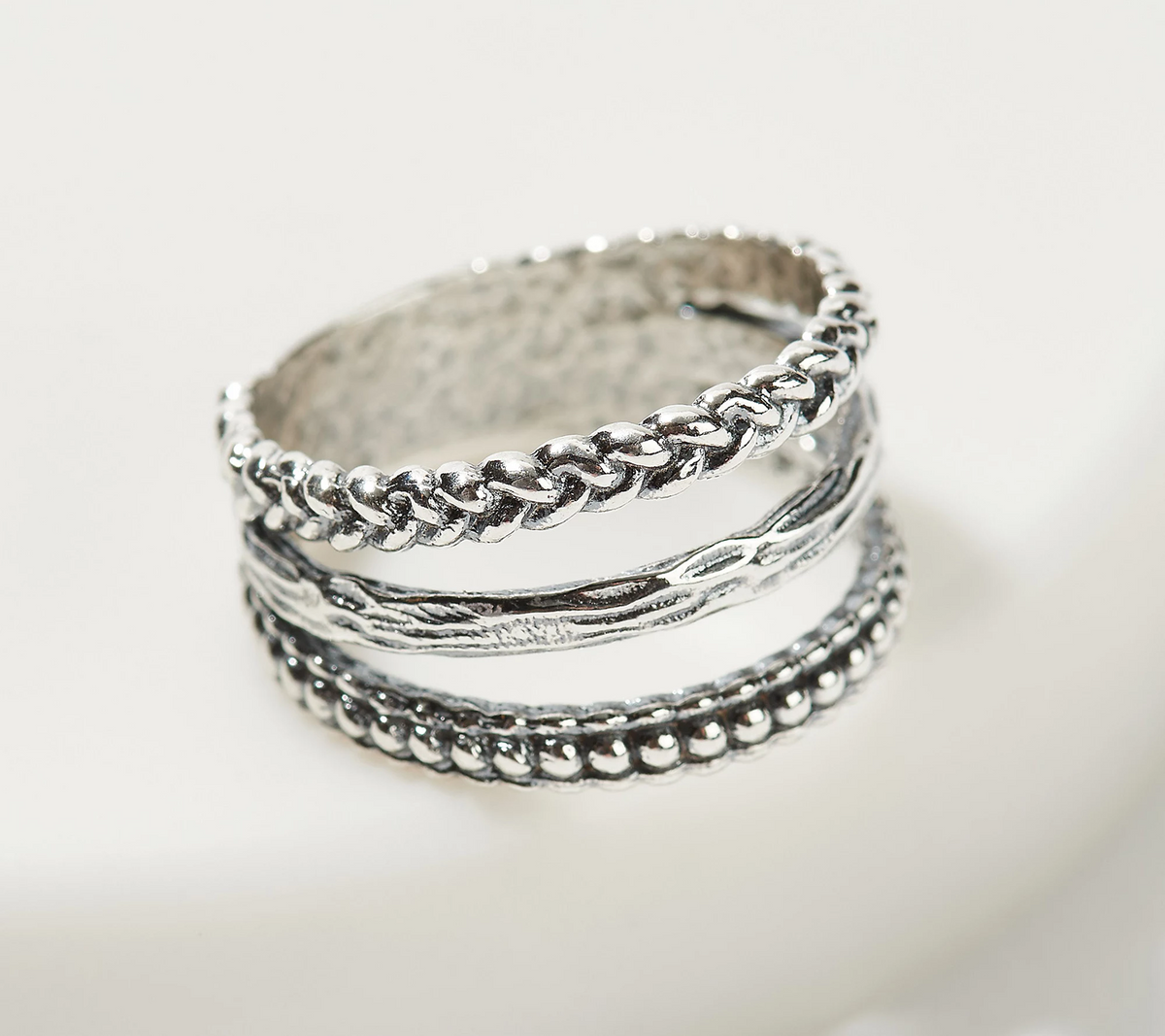 Or Paz Sterling Silver 3-Row Multi Textured Ring Size 8