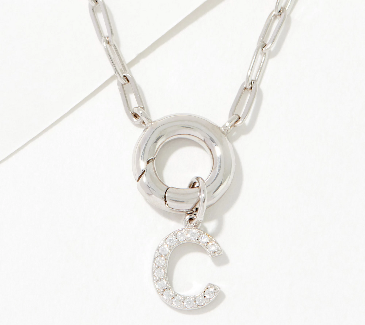 Diamonique Sterling Silver Pave Initial "C" Drop Paperclip Necklace. 18"