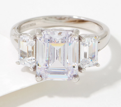 Diamonique x Kathy Levine Elegant Emerald Cut 3-Stone Rodium Over SS Ring Size 5
