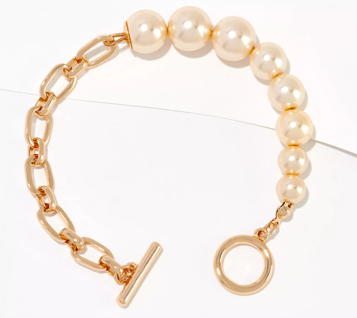 Susan Graver Goldtone Champagne Simulated Pearl & Chain Toggle Bracelet 7-1/2"