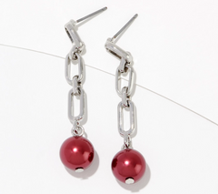 Susan Graver Burgundy Simulated Pearl & Silvertone Chain Drop Earrings