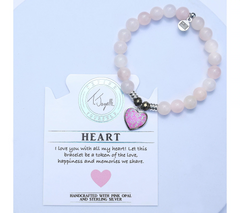 T.Jazelle Rose Quartz Beaded Bracelet with SS Heart Charm Avg/Large