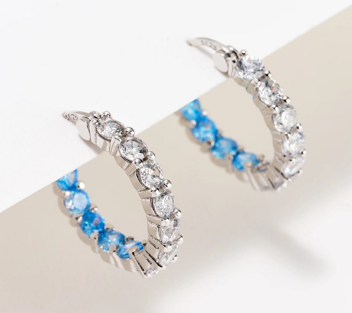 Diamonique Blue and  Clear Stone Huggie Hoop Silver Sterling Earring