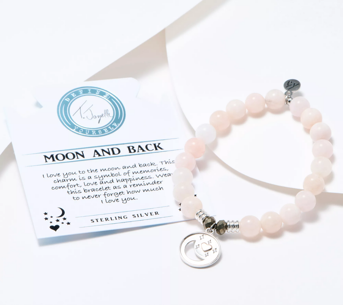 T.Jazelle  Pink Morganite  Beaded Bracelet with SS Moon and Stars Charm Small/Average