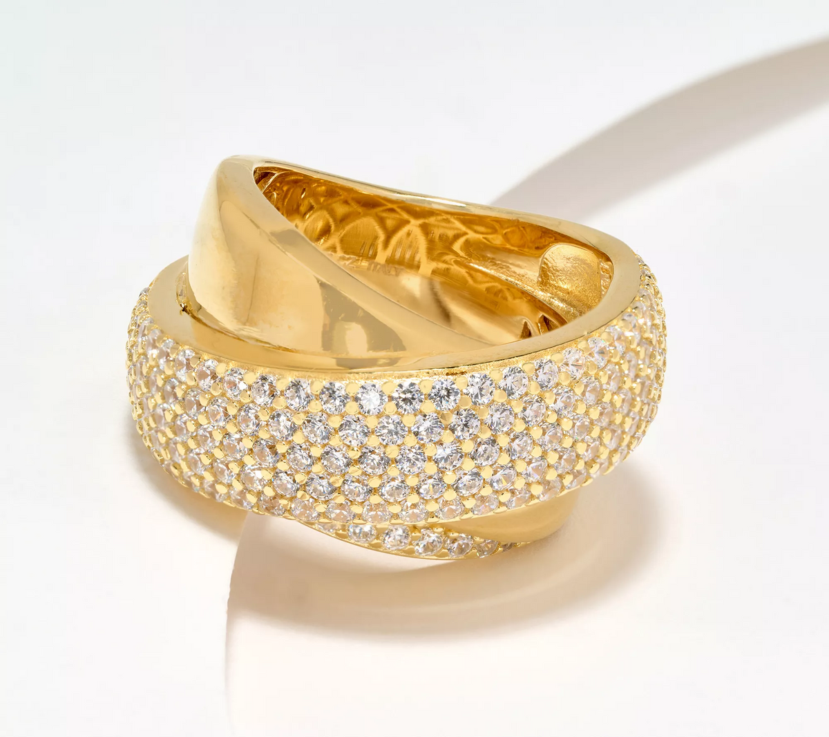 Diamonique Italia Sterling Silver Goldclad  Crossover Pave Band Ring. Size 9