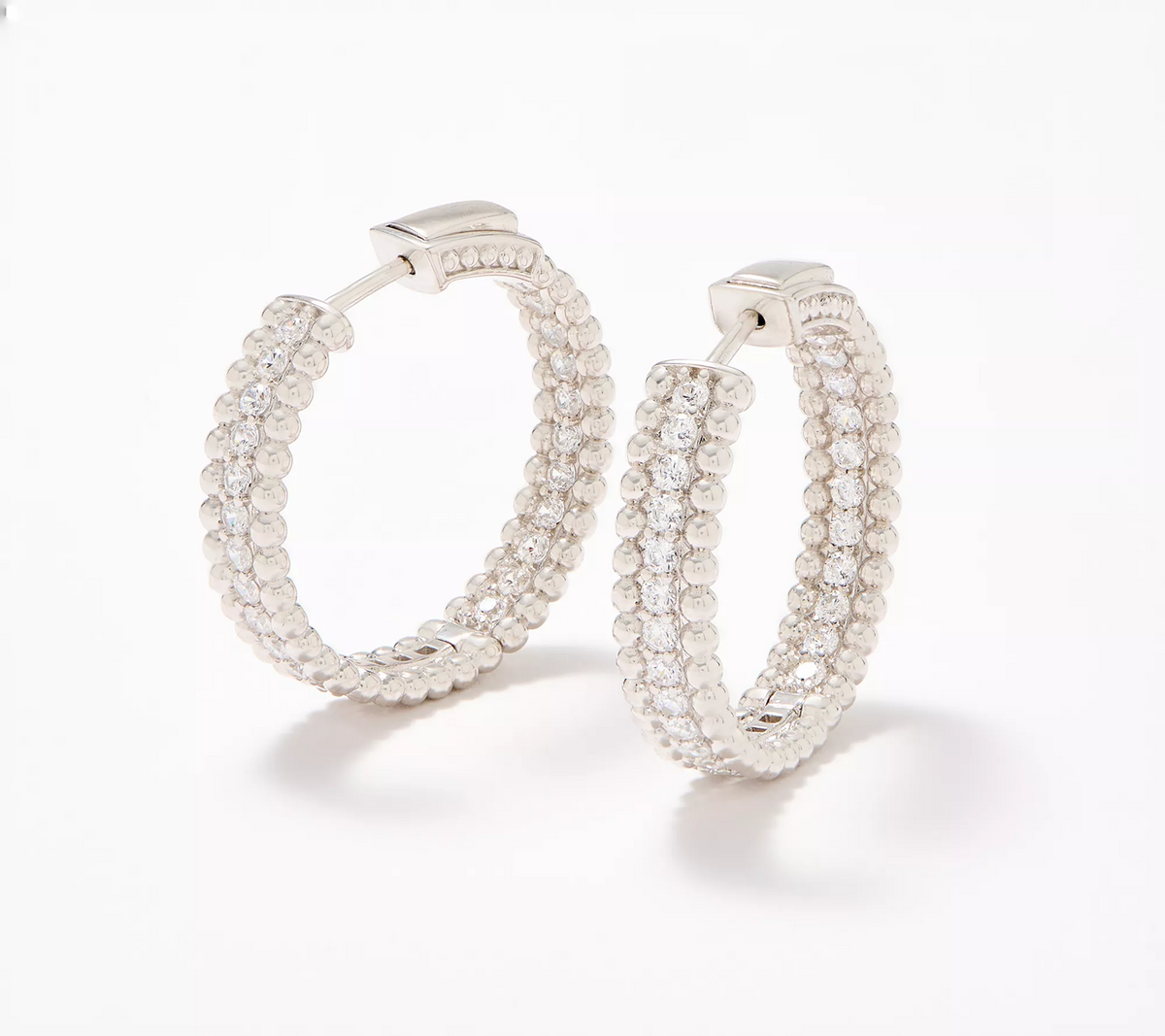 Diamonique Beaded Texture Hoop Sterling Silver Earrings