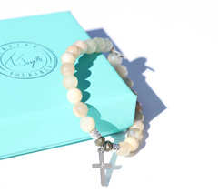 T. Jazelle x Kim Gravel White Moonstone Beaded Bracelet with SS Cross Charm Avg/Large