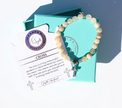 T. Jazelle x Kim Gravel White Moonstone Beaded Bracelet with SS Cross Charm Avg/Large