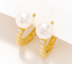 Honora x Diamonique Cultured Pearl Huggie Hoop Gold-PlatedSterling Silver Earrings