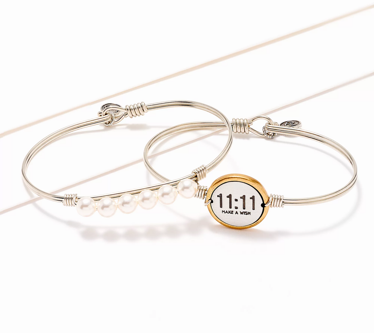 Luca & Danni Set of 2 Inspirational Bangles, Silver, 11:11 charm with white pearl, Small
