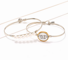 Luca & Danni Set of 2 Inspirational Bangles, Silver, 11:11 charm with white pearl, Small