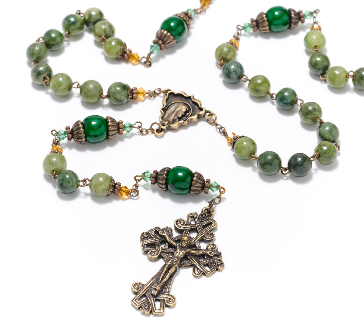 Connemara Marble Bronzetone Green Beaded Antiqued Rosary, 24"