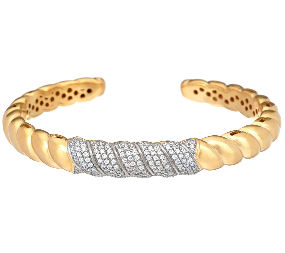 Italian Silver Gold Tone Sterling Silver Sculpted Cable Crystal Cuff Bracelet 6-3/4"