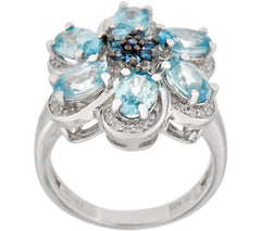 Six Petal Flower Topaz & Zircon Statement Ring, Sterling Silver, Size 10