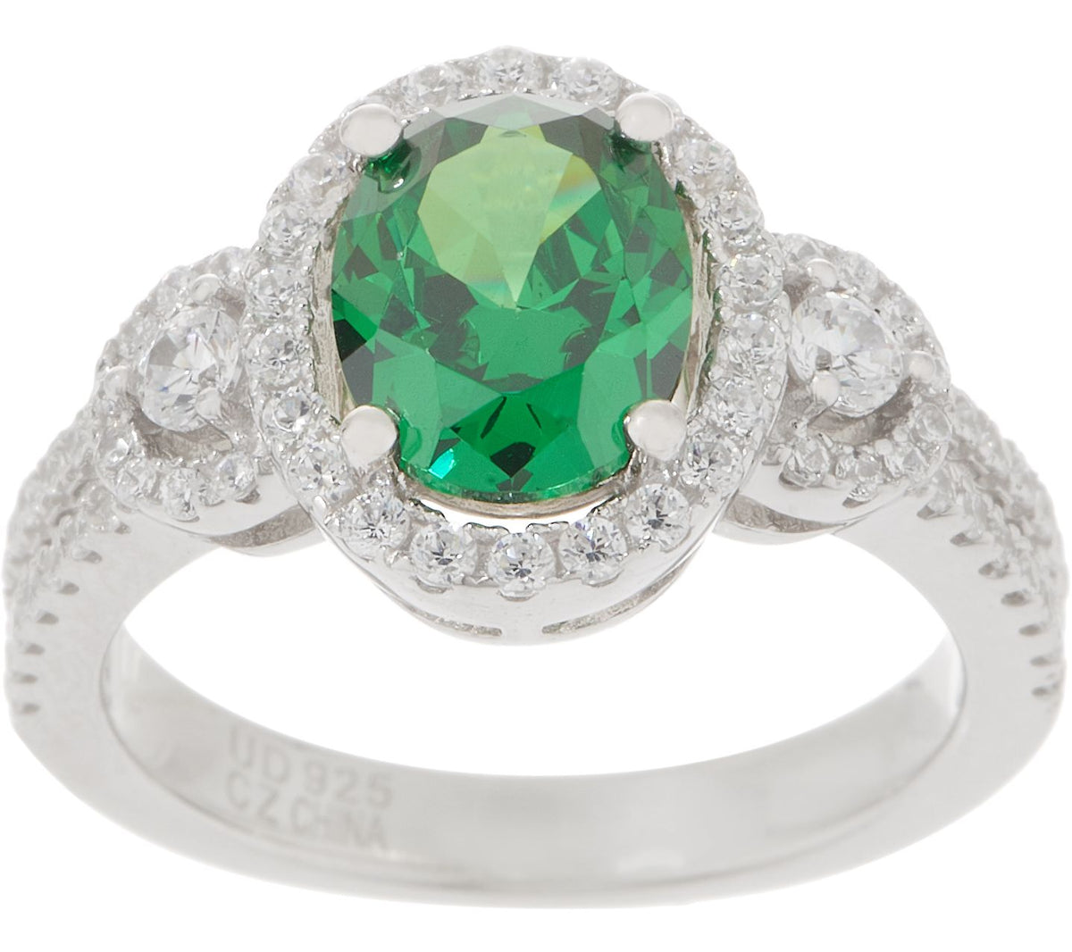 Diamonique Sterling Silver Emarald Halo Ring, Size 5